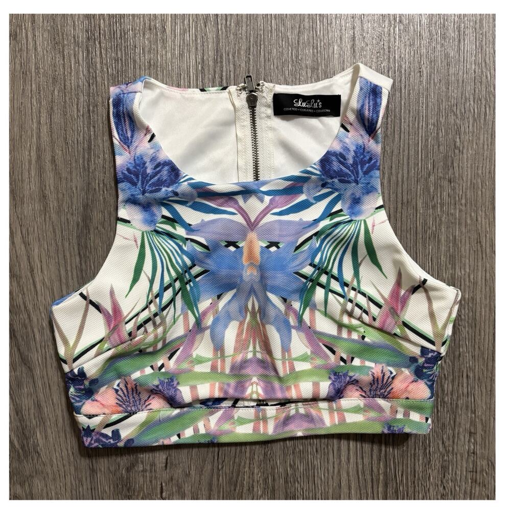 LuLu's Floral Cropped Tank Top Sleeveless Zip Back Size XS White Blue Purple